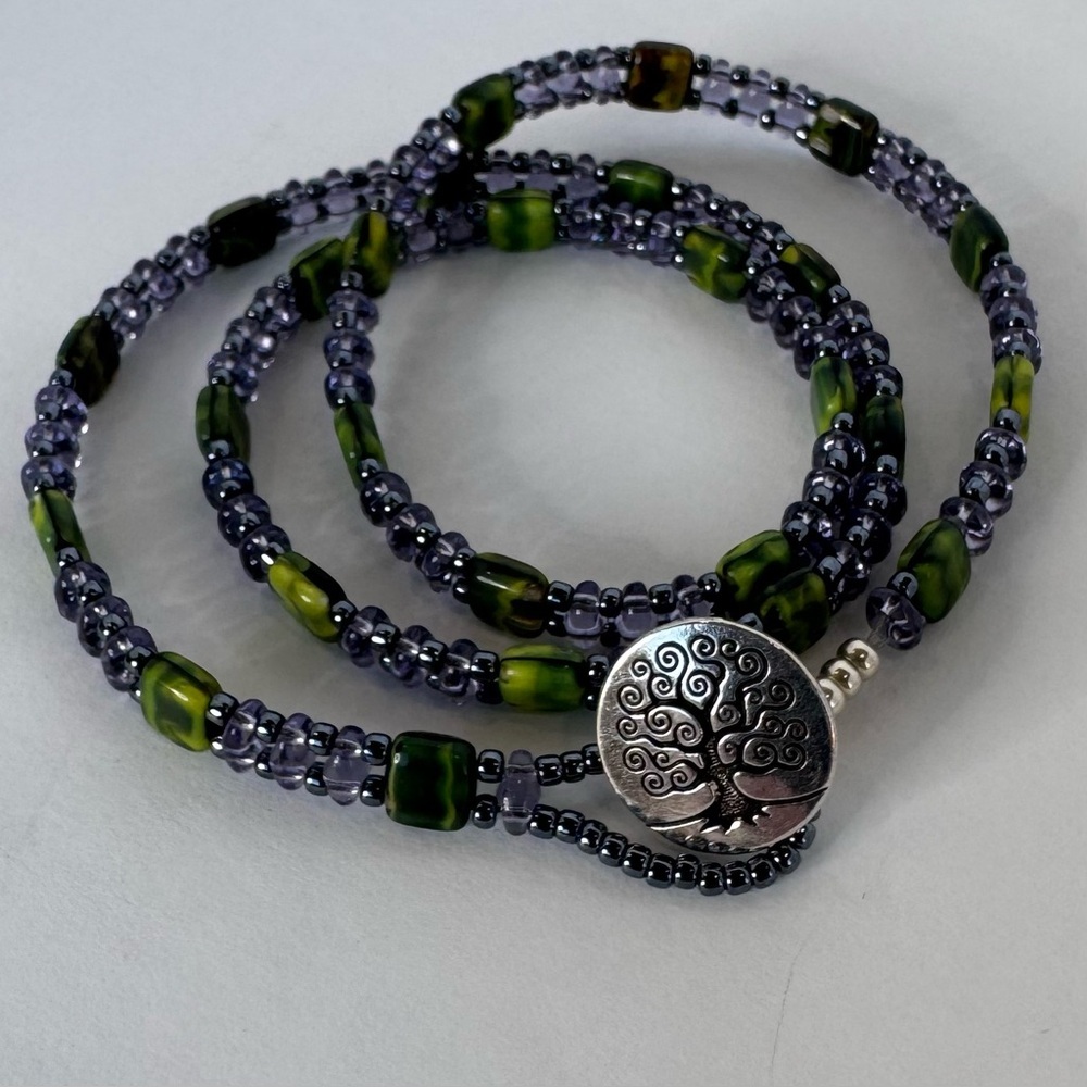 Hand Crafted CzechMates Tile Bracelet 3-Wrap Green Violet Charm Clasp NWT